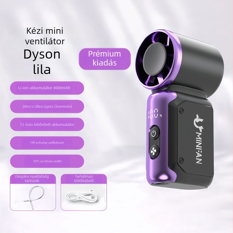 Kézben tartható USB-töltéses ventillátor, brushless motor, beépített 4000–6000 mAh akkumulátor, 6 penge, lépés nélküli sebességszabályozás