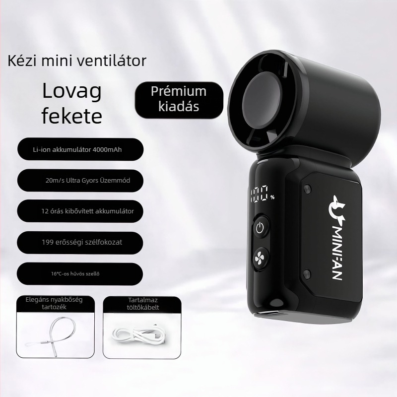 Kézben tartható USB-töltéses ventillátor, brushless motor, beépített 4000–6000 mAh akkumulátor, 6 penge, lépés nélküli sebességszabályozás