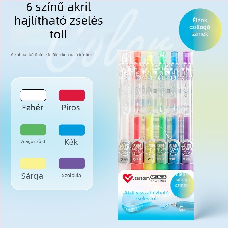 Akril kiemelő toll gyerekeknek, általános iskolások számára, műanyag tokozás, 6 db csomagolás, egyfejű, nem törölhető