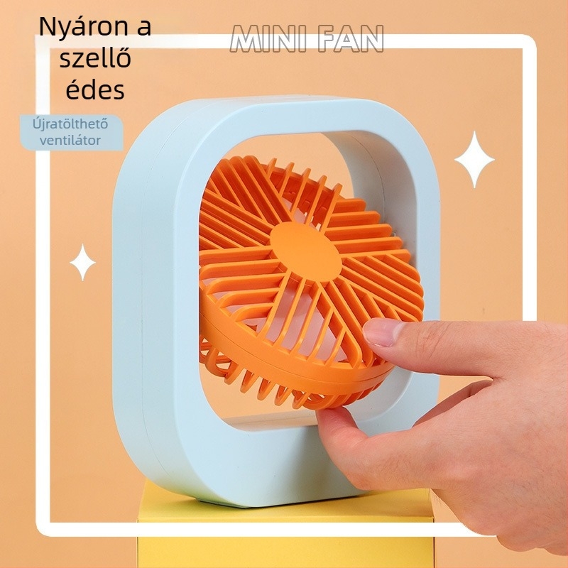 Drip USB kézben tartható asztali ventilátor – mini, 4 lapát, beépített 300–500mAh akkumulátor, ABS ház, kefes motor, 2 sebesség, 45–50dB zaj