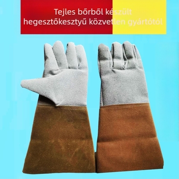Hegesztő kesztyű két rétegű tehénbőrből, hosszú mandzsettával és velúr bélésével; alkalmas hegesztésre és mechanikai megmunkálásra