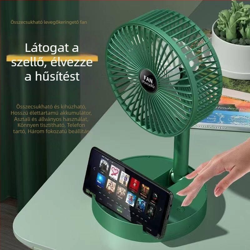 USB-asztali ventilátor, összecsukható és kinyitható, lítium-akkumulátorral működtetve, 3 sebesség, zaj 36 dB alatt, beépített akkumulátor 300–500 mAh