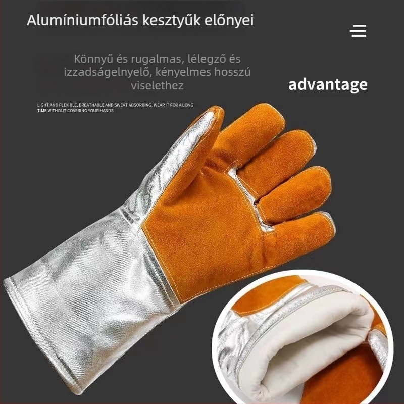 Hőálló kesztyűk többrétegű alumíniumfóliás szigeteléssel; alkalmas acélgyártásra, üvegfeldolgozásra, kazánokra és sütésre