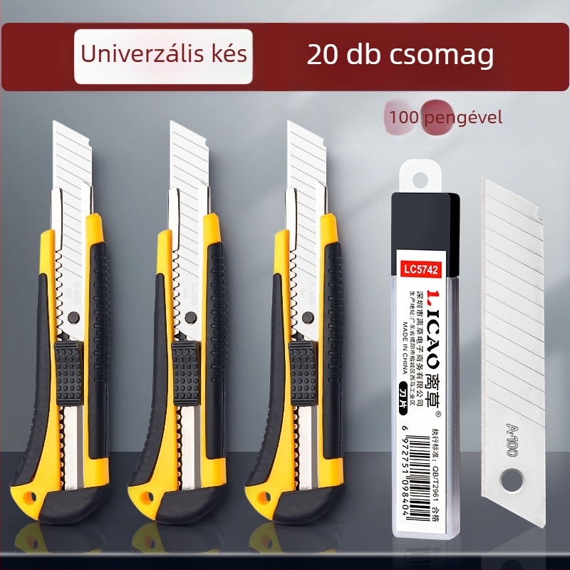 20 darabos univerzális késkészlet rozsdamentes acél pengékkel tapéta vágásához, papír vágásához és doboznyitáshoz