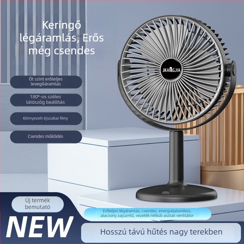 Asztali ventilátor éjszakai fényével, USB táplálású, beépített 1000–1200 mAh akkumulátor, 3 lapát, 5 sebesség, brushless motor