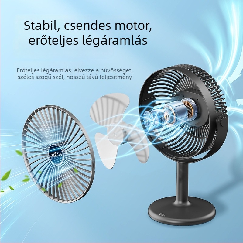 Asztali ventilátor éjszakai fényével, USB táplálású, beépített 1000–1200 mAh akkumulátor, 3 lapát, 5 sebesség, brushless motor
