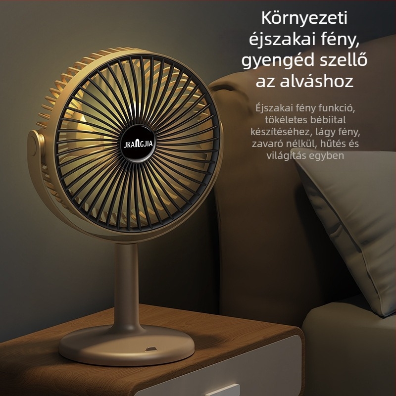 Asztali ventilátor éjszakai fényével, USB táplálású, beépített 1000–1200 mAh akkumulátor, 3 lapát, 5 sebesség, brushless motor