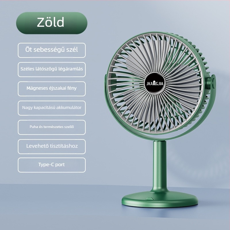 Asztali ventilátor éjszakai fényével, USB táplálású, beépített 1000–1200 mAh akkumulátor, 3 lapát, 5 sebesség, brushless motor