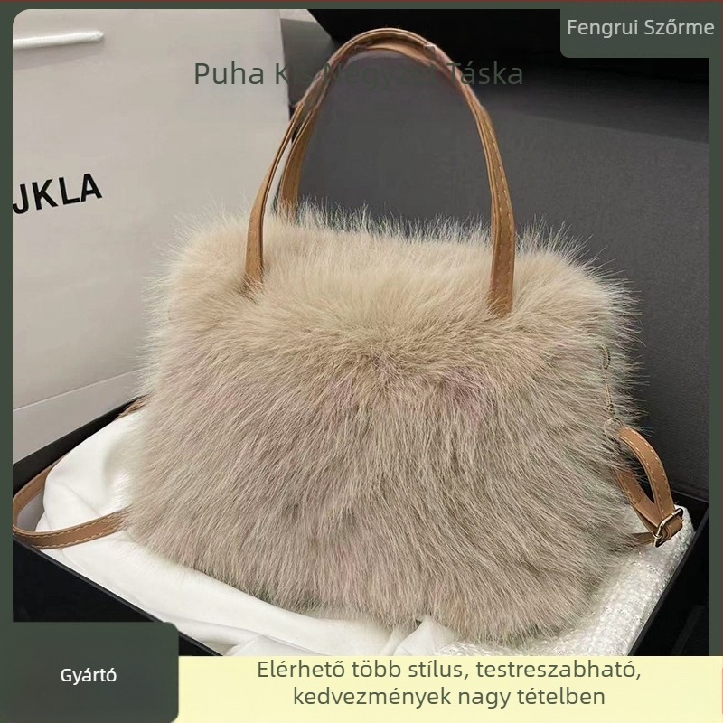Fengrui plüss női négyszögletes táska mesterséges rókaszőrrel, cipzár, szintetikus bélés, belső telefonzseb