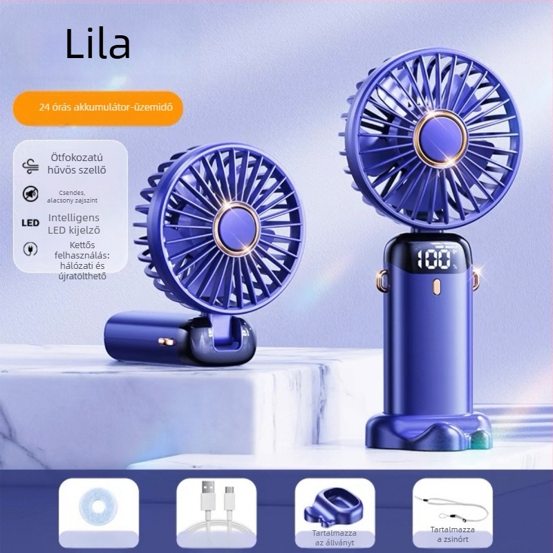 USB kézi ventilátor – mini, hordozható, összecsukható, újratölthető, asztali hűtő ventilátor, beépített akkumulátor, 5 lapát, 5 sebesség, csendes működés