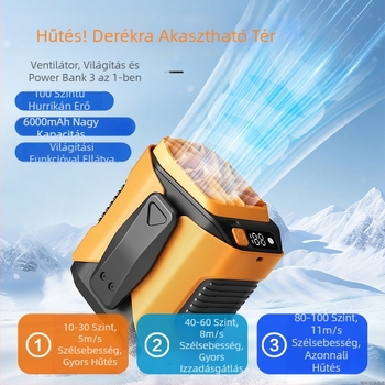 Derékhoz rögzíthető kültéri ventilátor hosszú üzemidővel, hordozható csíptetős ventilátor, USB‑töltéses beépített akkumulátor (2000–4000 mAh), 6 lapát, méretek 100×90×80 mm, tömeg 315 g