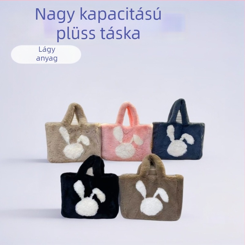 Plüssnyuszi tote táska nőknek – prémium, nagy kapacitású, ősz-téli stílus, mágneszár, dupla vállpánt, telefontokkal, vízszintes négyszög alakú