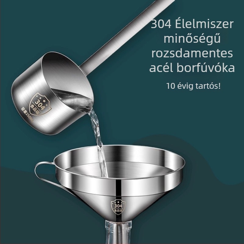 Rozsdamentes acélból készült boros készlet sík fogantyúval: tölcsér, mérő, borkanál és tölcsér
