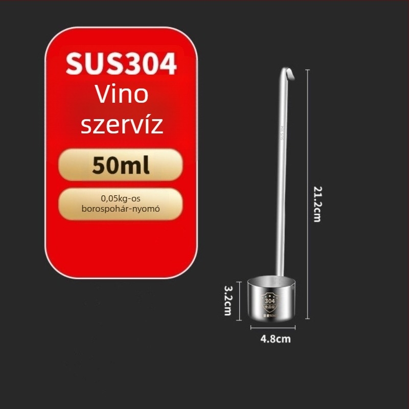 Rozsdamentes acélból készült boros készlet sík fogantyúval: tölcsér, mérő, borkanál és tölcsér