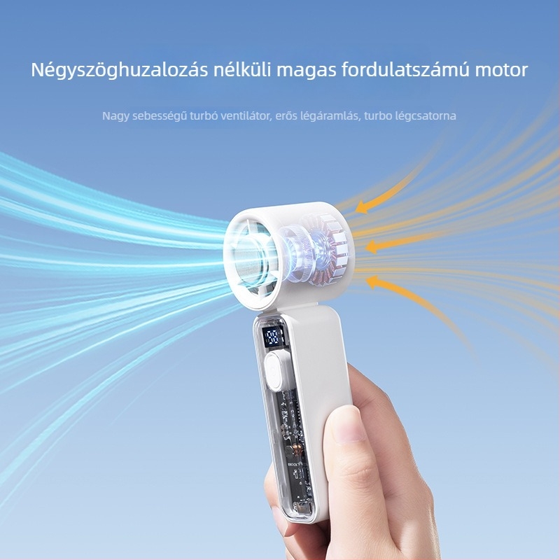 Kézi USB-ről töltött mini ventilátor brushless motorral, 5 lapáttal, beépített 1200–2000 mAh Li-ion akkumulátor, USB töltés, lépés nélküli sebességszabályozás