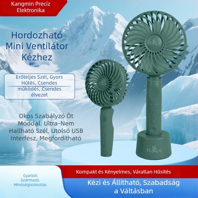 Kézben tartható USB újratölthető ventilátor, ergonómikus fogantyú, brushless motor, 5 gyorsítási beállítás, alacsony zaj, beépített 2000-4000mAh akkumulátor