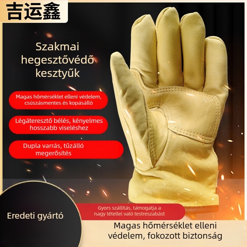 Hegesztő kesztyű kecskebőrből - egy réteg kecskebőr, izzadságelnyelő anyag és pamut bélés, védelem hegesztéshez és kezeléshez