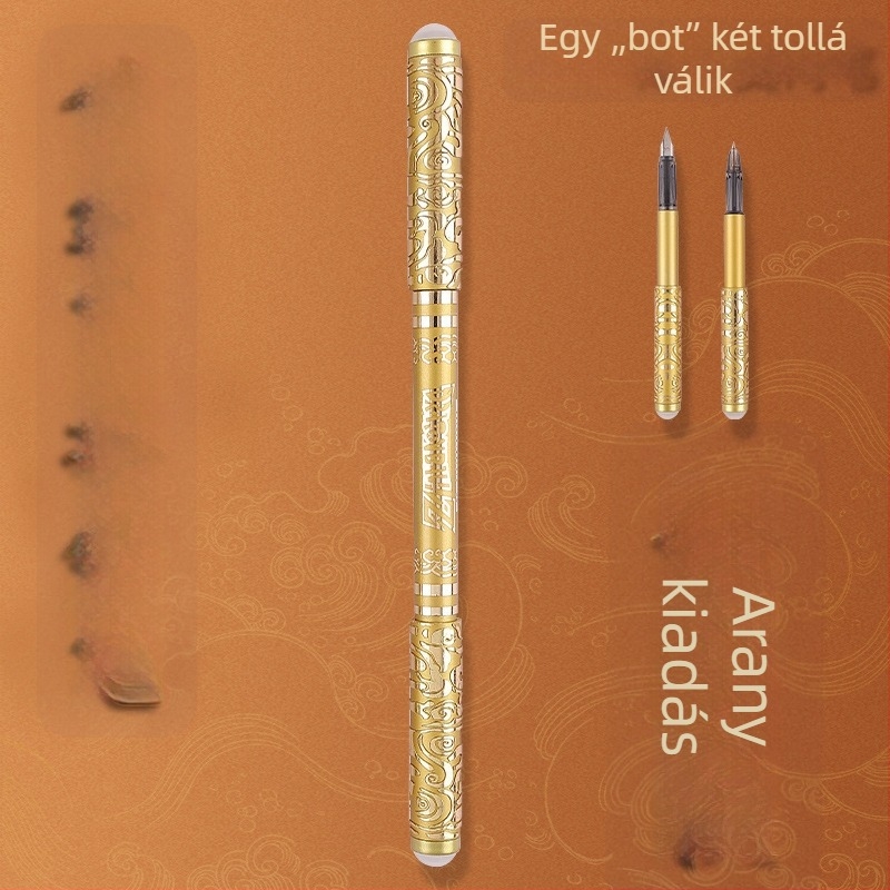 Kétoldalas toll arany gyűrűvel és kihúzható tintapatronnal, vékony hegy 0.38 mm, harmadik osztályosok írásgyakorlásához