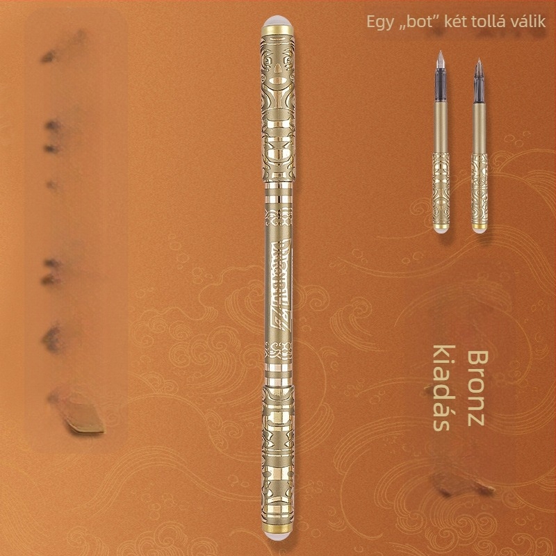 Kétoldalas toll arany gyűrűvel és kihúzható tintapatronnal, vékony hegy 0.38 mm, harmadik osztályosok írásgyakorlásához