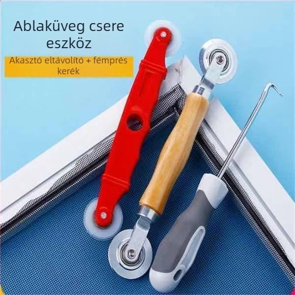Ablak háló montázsához spline görgővel tervezett eszköz, háló telepítéséhez (tartalmaz roller, szalag és kampó)