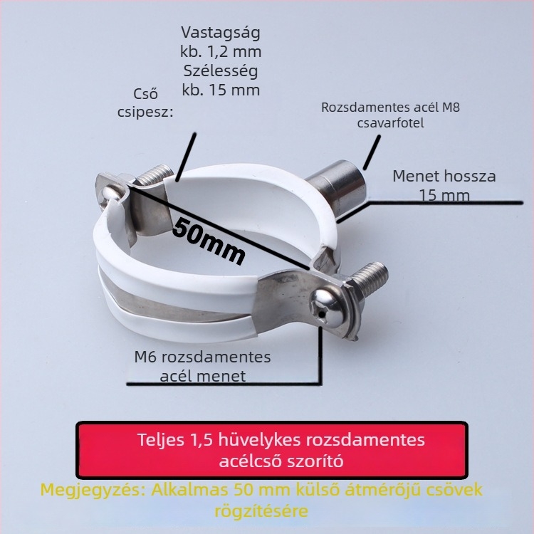 Rozsdamentes acél vízcső karika PVC csatornázási klippel, rögzítő állvány; névleges Ø75 mm, rögzítő Ø75 mm