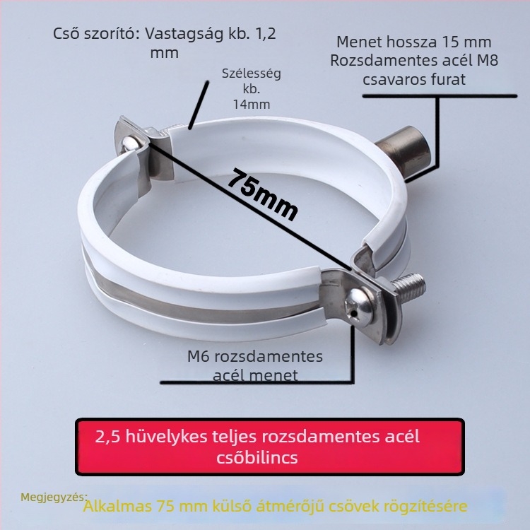 Rozsdamentes acél vízcső karika PVC csatornázási klippel, rögzítő állvány; névleges Ø75 mm, rögzítő Ø75 mm