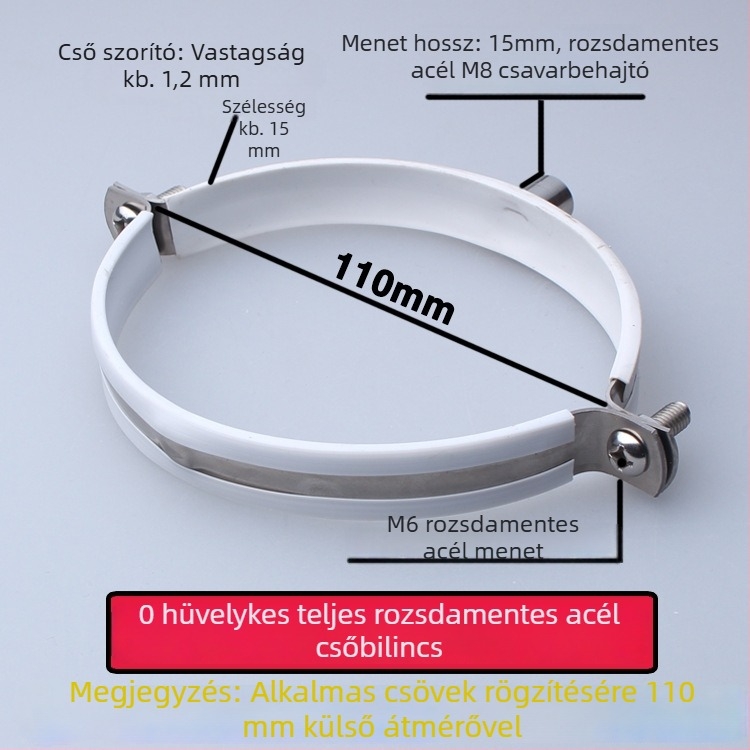 Rozsdamentes acél vízcső karika PVC csatornázási klippel, rögzítő állvány; névleges Ø75 mm, rögzítő Ø75 mm