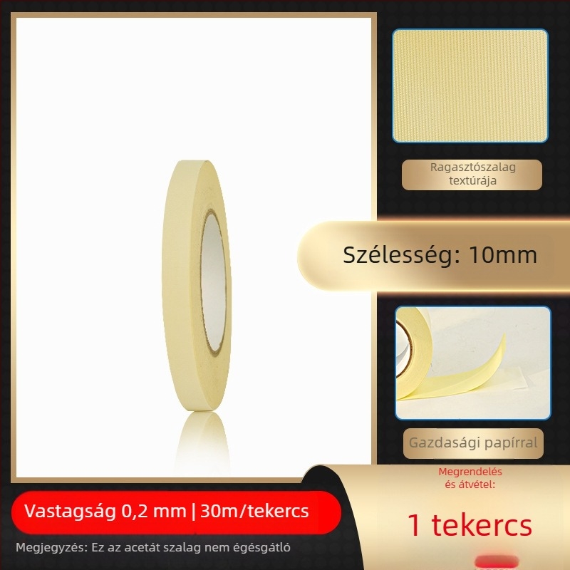 Fehér ecetsav szövetszalag magas hőmérsékletű szigetelésre LCD-javításhoz, elválasztó papírral; vastagság 0.2 mm; hőállóság: hosszú táv 100°C, rövid táv 180°C; hordozó: ecetsav szövet; papírtok; eredet Dongguan