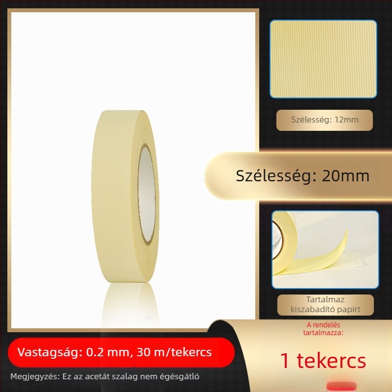 Fehér ecetsav szövetszalag magas hőmérsékletű szigetelésre LCD-javításhoz, elválasztó papírral; vastagság 0.2 mm; hőállóság: hosszú táv 100°C, rövid táv 180°C; hordozó: ecetsav szövet; papírtok; eredet Dongguan