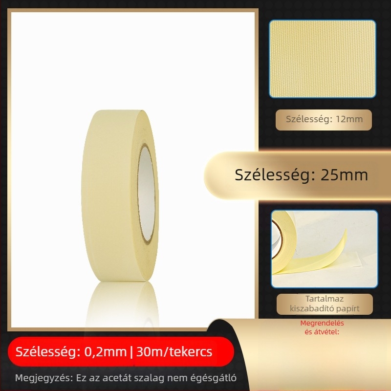 Fehér ecetsav szövetszalag magas hőmérsékletű szigetelésre LCD-javításhoz, elválasztó papírral; vastagság 0.2 mm; hőállóság: hosszú táv 100°C, rövid táv 180°C; hordozó: ecetsav szövet; papírtok; eredet Dongguan