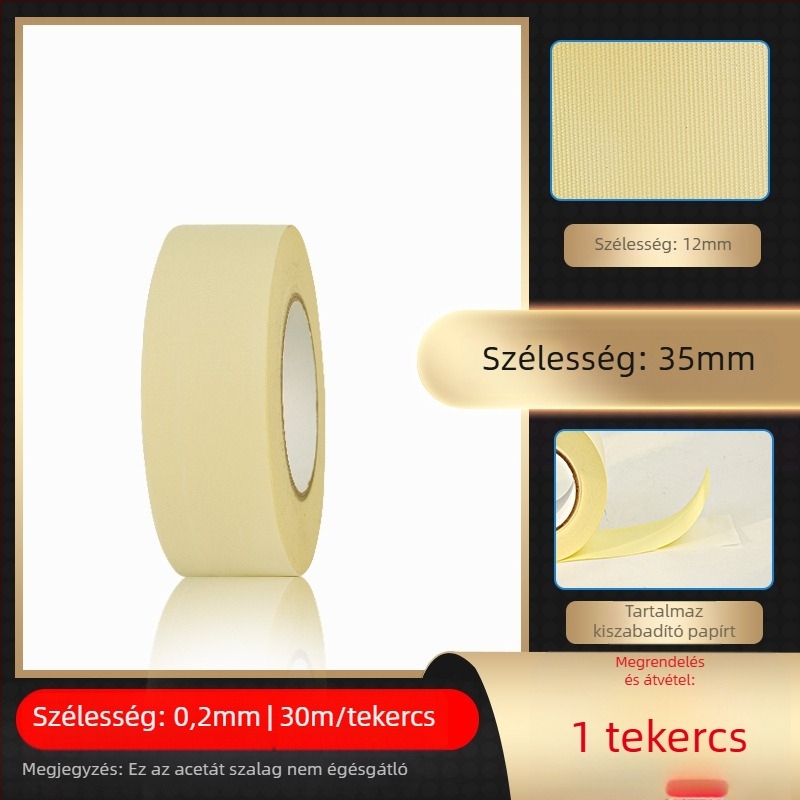 Fehér ecetsav szövetszalag magas hőmérsékletű szigetelésre LCD-javításhoz, elválasztó papírral; vastagság 0.2 mm; hőállóság: hosszú táv 100°C, rövid táv 180°C; hordozó: ecetsav szövet; papírtok; eredet Dongguan