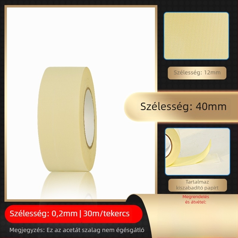 Fehér ecetsav szövetszalag magas hőmérsékletű szigetelésre LCD-javításhoz, elválasztó papírral; vastagság 0.2 mm; hőállóság: hosszú táv 100°C, rövid táv 180°C; hordozó: ecetsav szövet; papírtok; eredet Dongguan