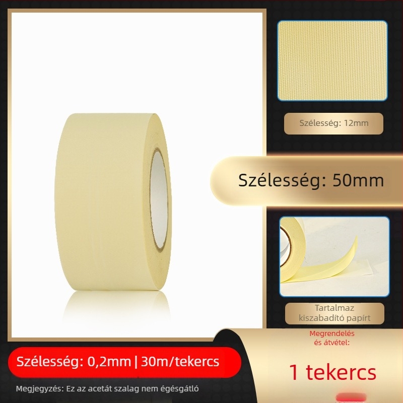 Fehér ecetsav szövetszalag magas hőmérsékletű szigetelésre LCD-javításhoz, elválasztó papírral; vastagság 0.2 mm; hőállóság: hosszú táv 100°C, rövid táv 180°C; hordozó: ecetsav szövet; papírtok; eredet Dongguan