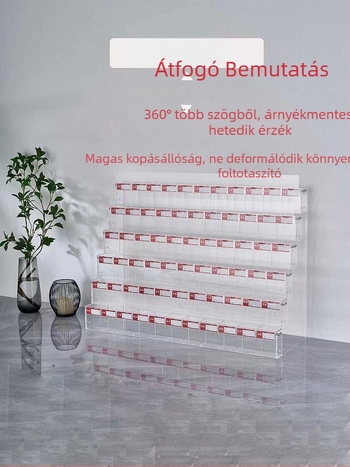 Tolltartó kiállítóállvány, akril, többszintes pagoda alakú, négyzetes forma, Geddes