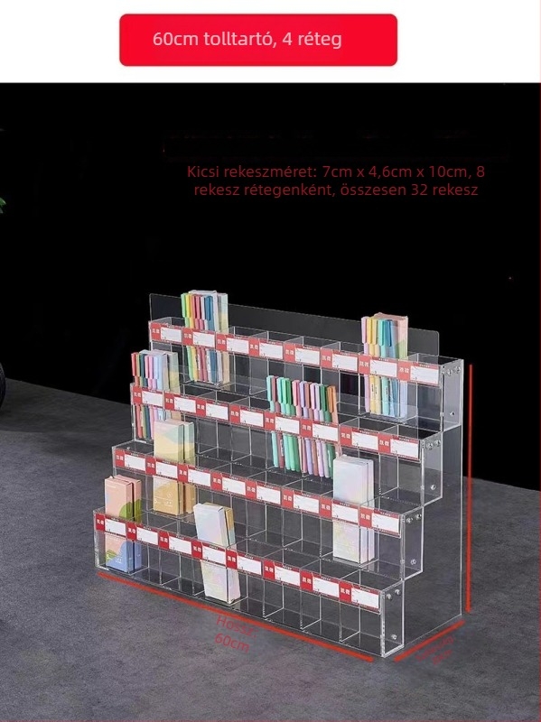 Tolltartó kiállítóállvány, akril, többszintes pagoda alakú, négyzetes forma, Geddes