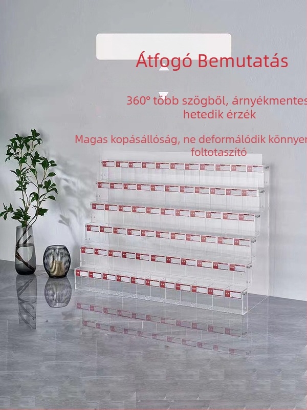 Tolltartó kiállítóállvány, akril, többszintes pagoda alakú, négyzetes forma, Geddes