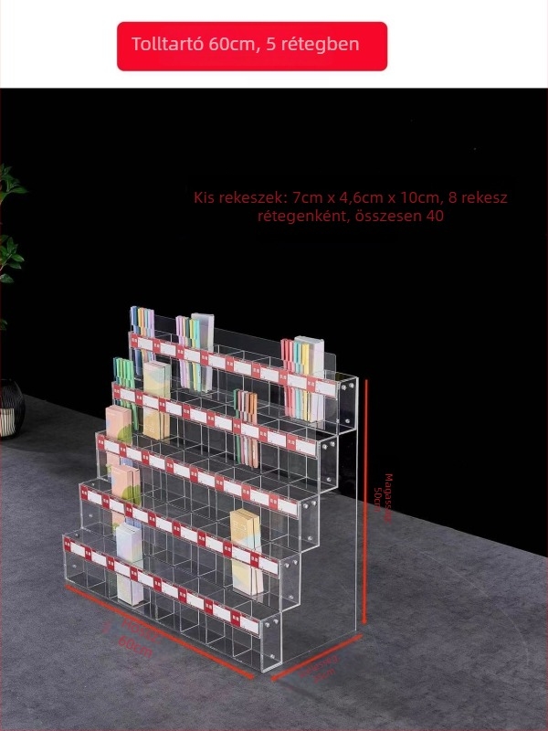 Tolltartó kiállítóállvány, akril, többszintes pagoda alakú, négyzetes forma, Geddes