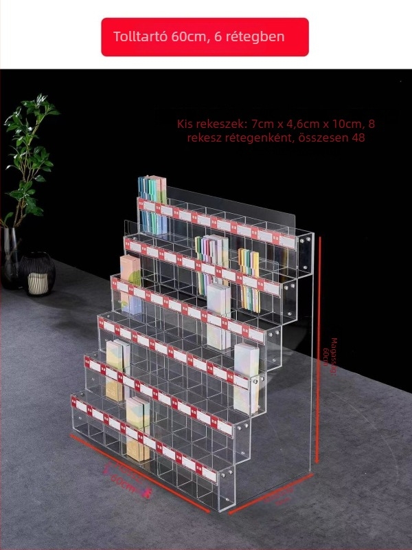 Tolltartó kiállítóállvány, akril, többszintes pagoda alakú, négyzetes forma, Geddes