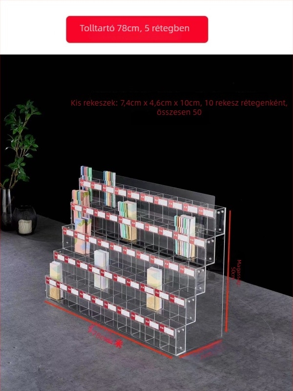 Tolltartó kiállítóállvány, akril, többszintes pagoda alakú, négyzetes forma, Geddes