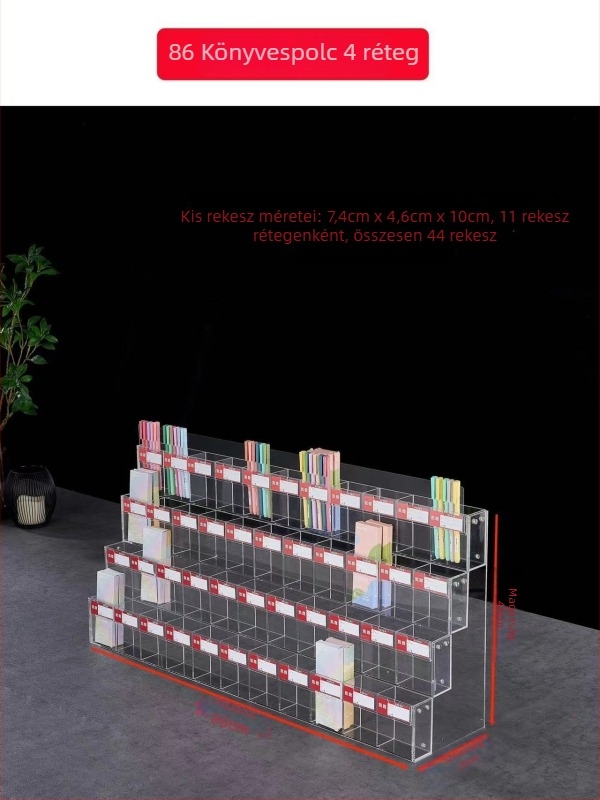 Tolltartó kiállítóállvány, akril, többszintes pagoda alakú, négyzetes forma, Geddes