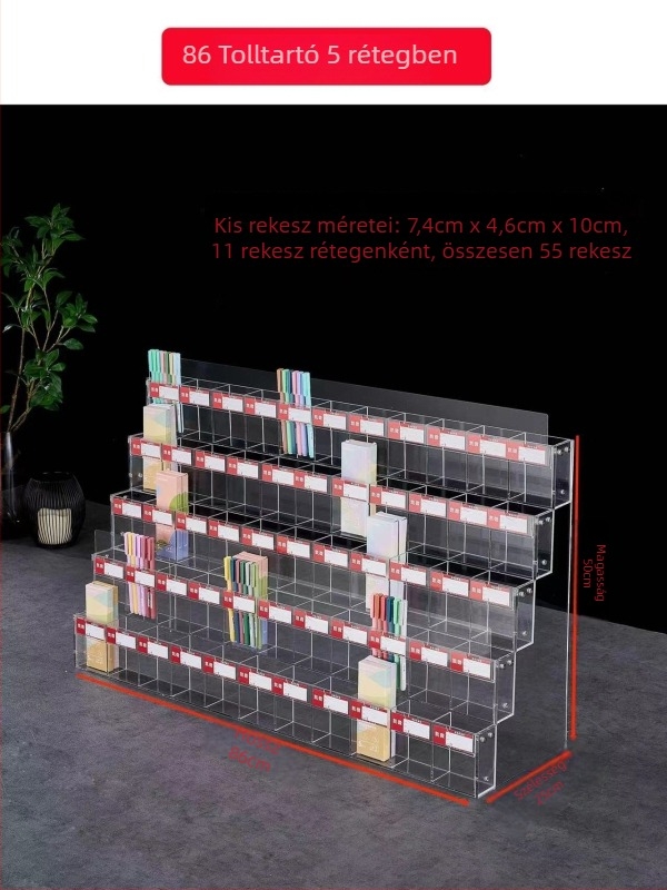 Tolltartó kiállítóállvány, akril, többszintes pagoda alakú, négyzetes forma, Geddes