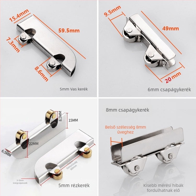 Üvegcsipkés görgő vitrintartóhoz, rozsdamentes acél/vas, OD 7.3, Ø3.7 tengely, max terhelés 15 kg