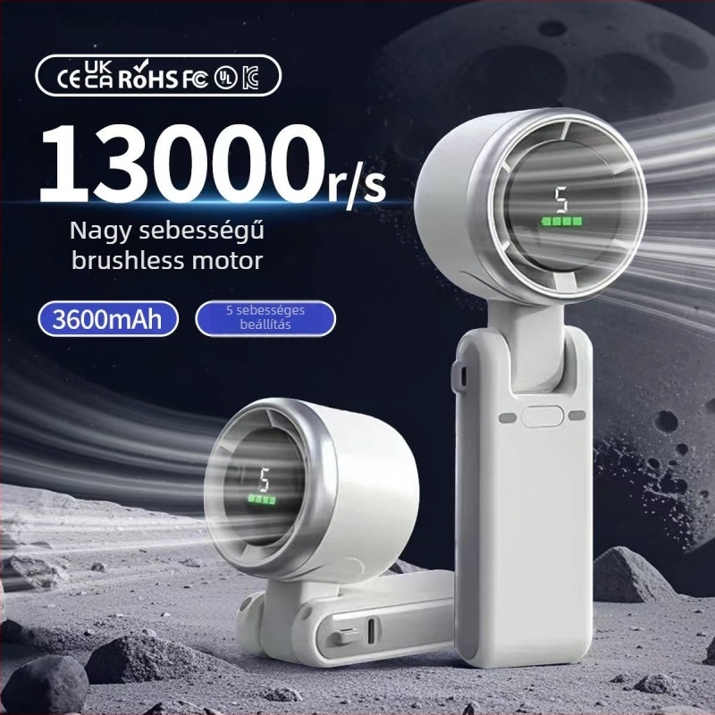 Összecsukható kézi ventilátor USB‑csatlakozással — 5 fokozatú légáram, 5 lapát, brushless motor, beépített akkumulátor 2000–4000 mAh, üzemidő 3–6 óra
