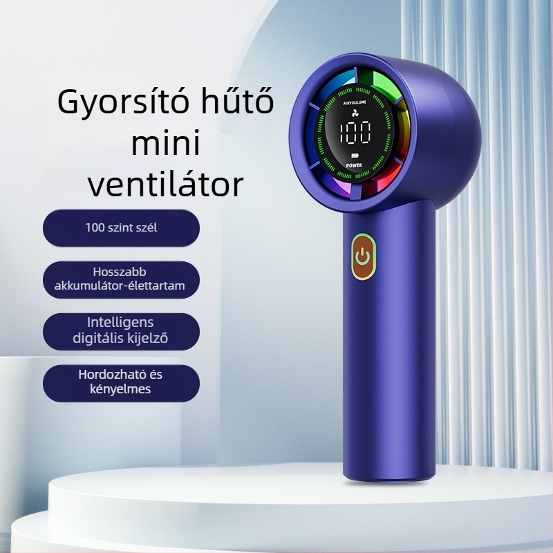 Kézben tartható ventilátor beépített akkumulátorral (2000-4000 mAh), USB tölthető, 5V 5W, 6 sebesség, zaj <36 dB