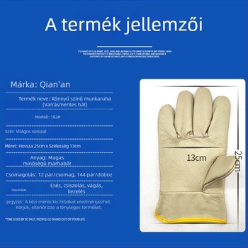 Hegesztő kesztyűk marhabőrből, teljes bőr, rövid mandzsetta, kopásálló és puha