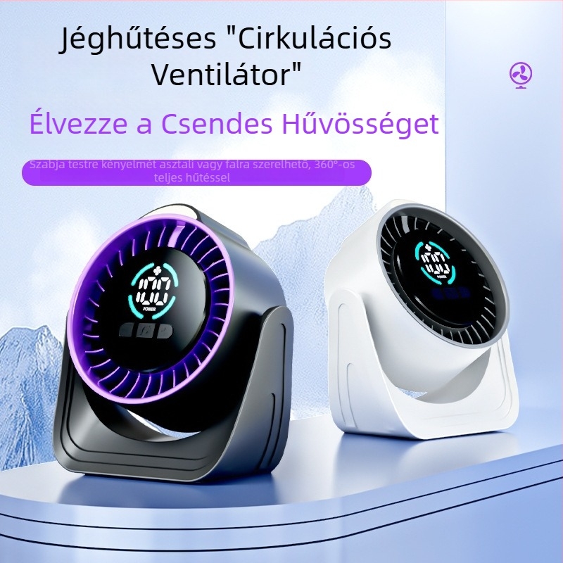Asztali USB ventilátor digitális kijelzővel, újratölthető, csendes, állítható szélsebesség, 6 lapátos, kompakt