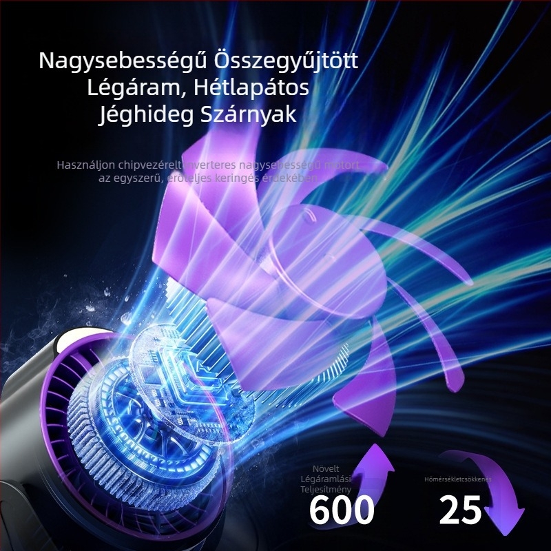 Asztali USB ventilátor digitális kijelzővel, újratölthető, csendes, állítható szélsebesség, 6 lapátos, kompakt