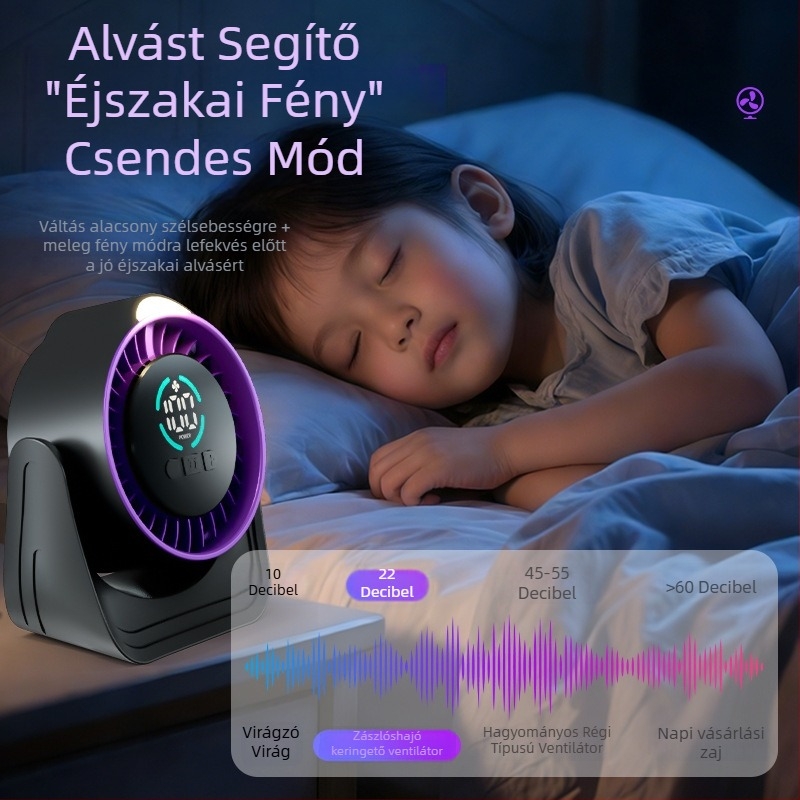 Asztali USB ventilátor digitális kijelzővel, újratölthető, csendes, állítható szélsebesség, 6 lapátos, kompakt