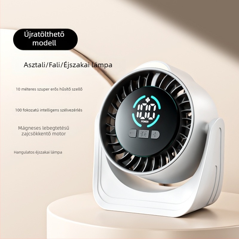 Asztali USB ventilátor digitális kijelzővel, újratölthető, csendes, állítható szélsebesség, 6 lapátos, kompakt