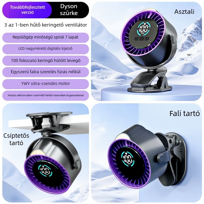 Asztali USB ventilátor digitális kijelzővel, újratölthető, csendes, állítható szélsebesség, 6 lapátos, kompakt